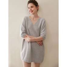 软糯~慵懒风100%纯山羊绒衫女中长款V领毛衣五分袖宽松针织打底衫