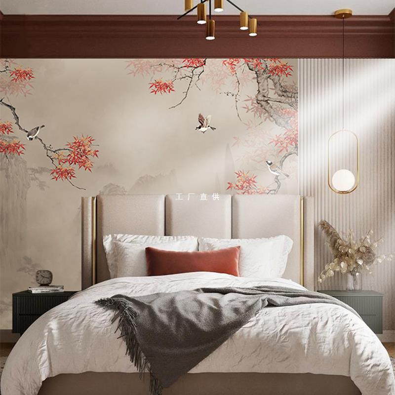 新中式花鸟山水客厅壁画电视背景墙墙纸卧室沙发书房茶室无缝墙布