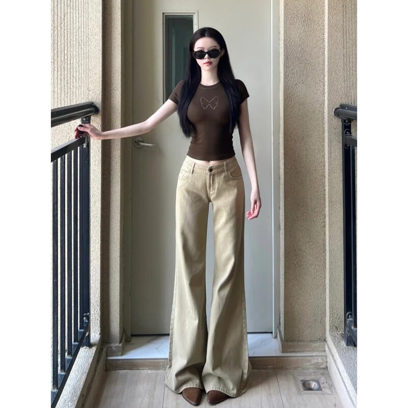 American-Style Khaki Low-Rise Flared Jeans for Women, Autumn and Winter New Arrivals, Petite, Non-Tight, Bell-Bottom, Floor-Length Pants