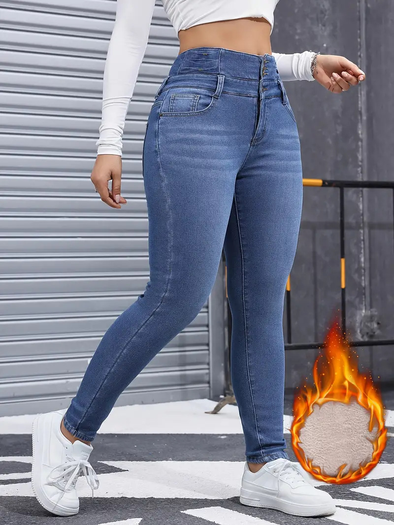 Fashion Versatile Women's Skinny Jeans Fleece Lined Elastic Waist Multi Button Solid Color Autumn Winter New Style_ecoleips.com