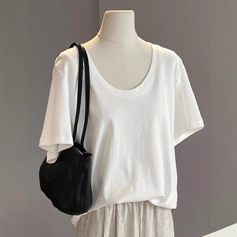 Summer strong goods close your eyes! Self-retained non-D recommend ~ large U collar white Joker short sleeve base T-shirt women's top
