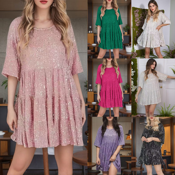 Europe and the United States Amazon cross-border foreign trade new fashion round neck loose waist short sleeve skirt dress sequined dress