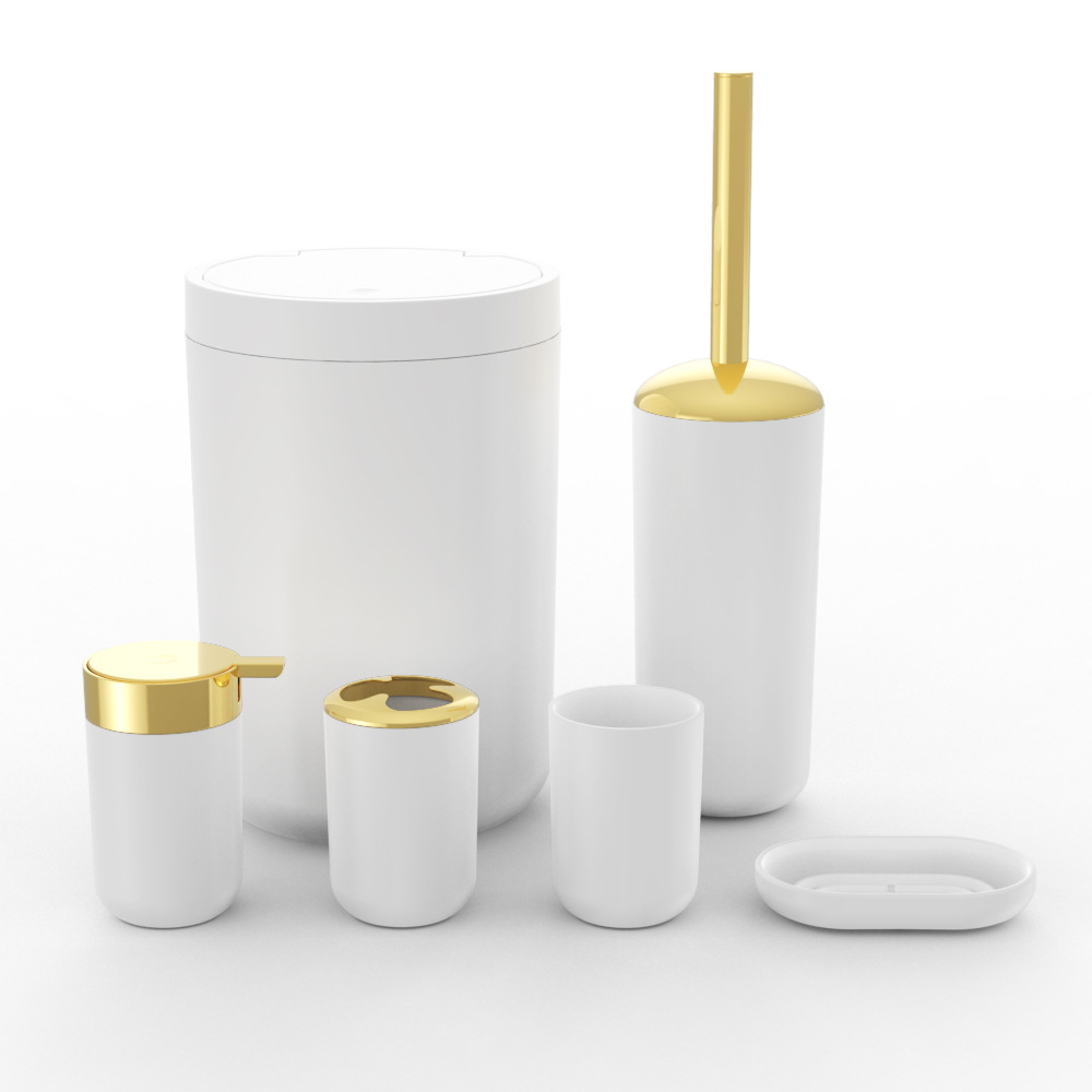 Plástico de color sólido chapado en oro seis piezas conjunto de cepillo de dientes caja de jabón cepillo de inodoro almacenamiento baño conjunto de lavado