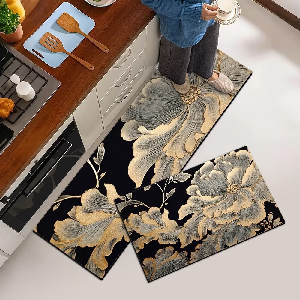 Floral Kitchen Household Floor Mats, Light Luxury Diatom Mud, Water-Absorbent, Oil-Absorbent, Non-Slip Foot Mats, Cuttable and Easy-To-Clean Carpets