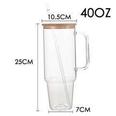 新款40oz玻璃汽車杯熱升華竹木蓋吸管杯透明大容量手柄杯車載水杯