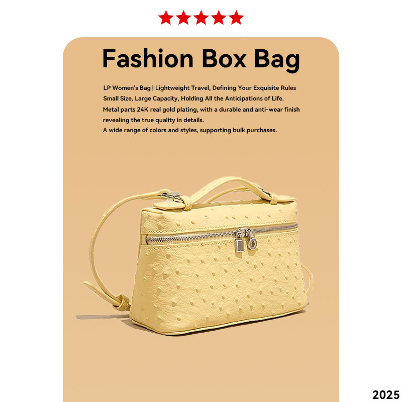 Top Grain Cowhide Ostrich Embossed Handheld Lunch Box Bag Genuine Leather Women's Box Bag Shoulder Crossbody Small Square Bag Spring New Arrival - Thumbnail 3