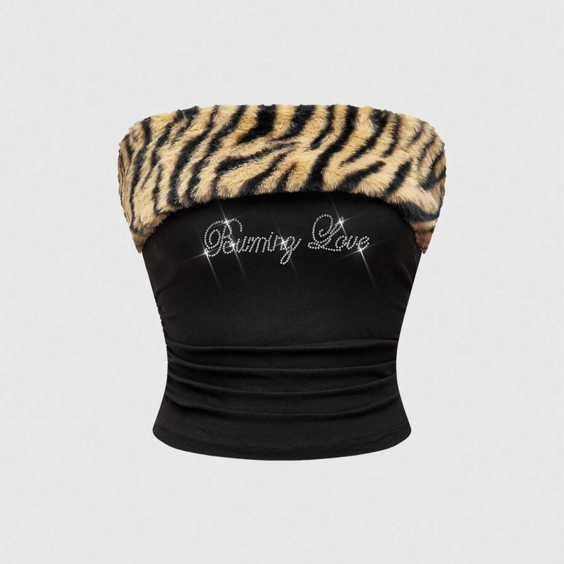 European and American Cross-border New Slim-fit Sexy Spice Girl y2k Letter Rhinestone Leopard Print Navel Top Strapless Vest