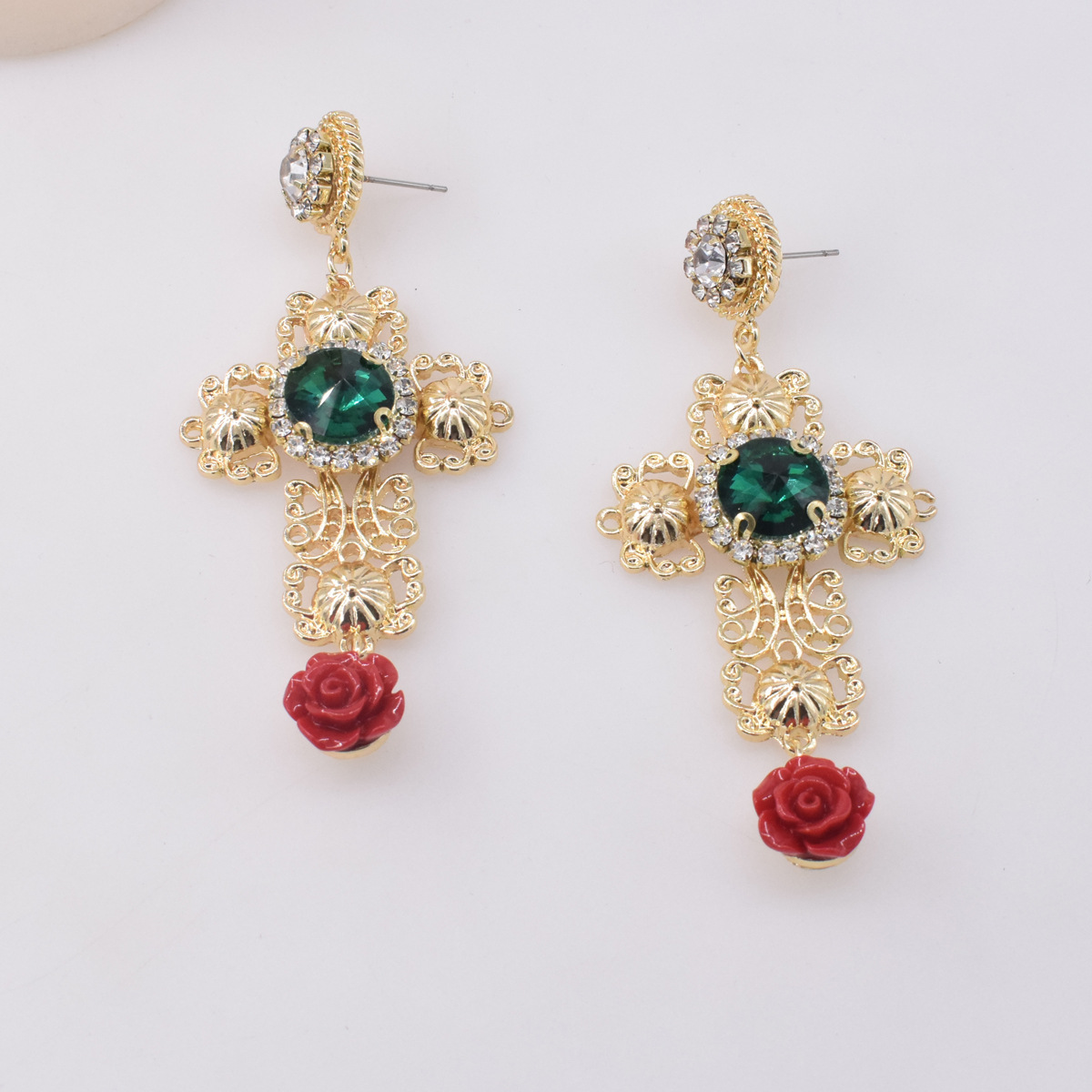 Baroque Style Emerald Rose Golden Hollow Cross Pearl Earrings display picture 1