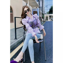 春季穿搭一整套酷飒拽姐气质紫色衬衫马甲小香风套装新款女装1889