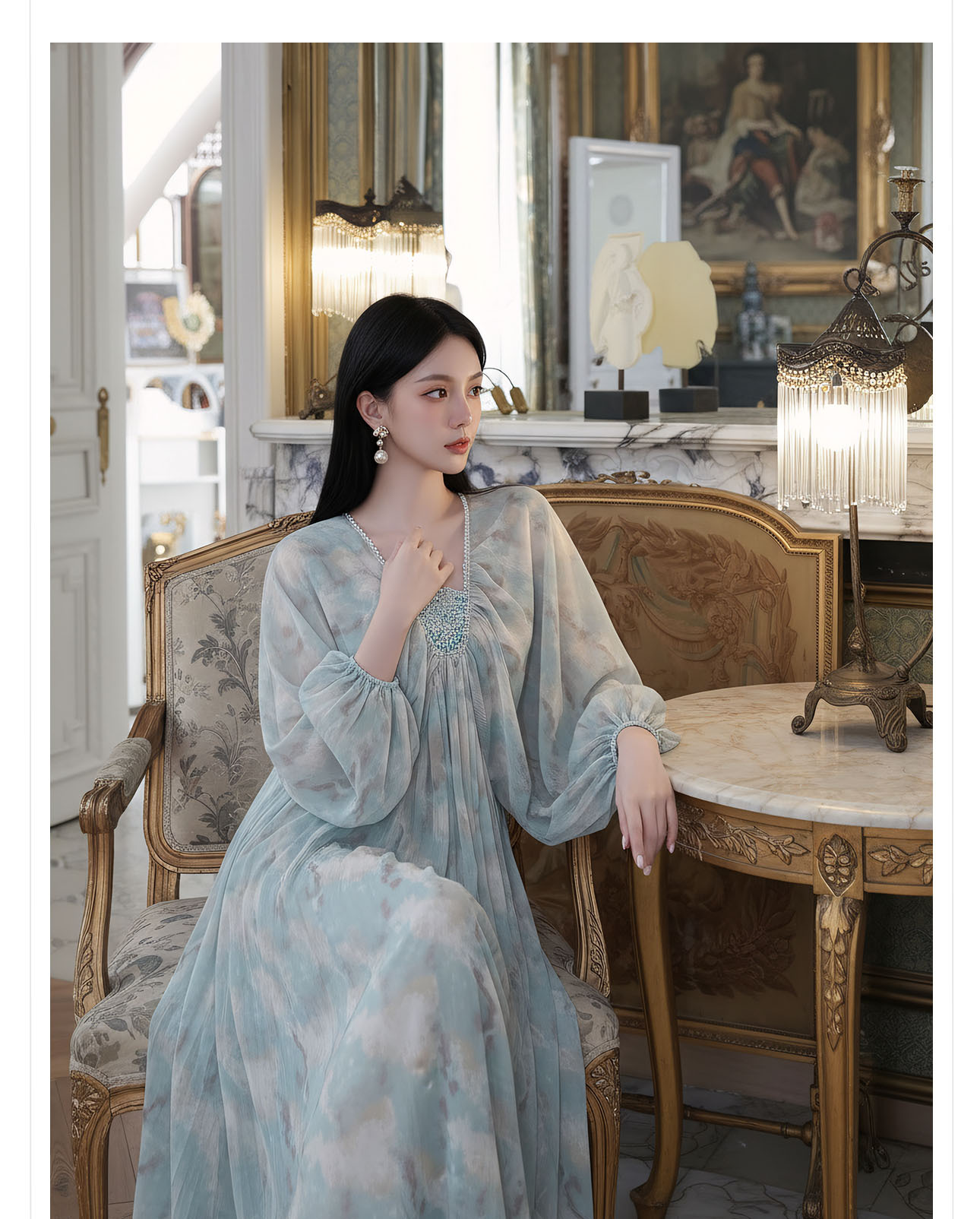 Đầm maxi nữ thắt eo phong cách Tân Trung Hoa in họa tiết thêu ren — xanh lam chi tiết 3