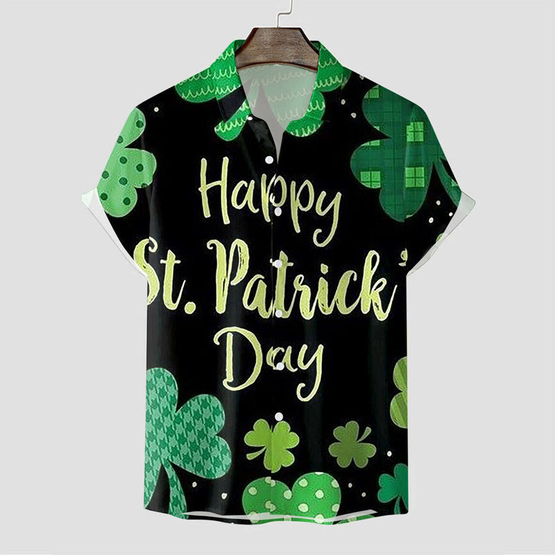 2024 Cross-border Trade Men's Shirt Irish Shamrock 3D Print St. Patrick's Day Pocket Shirt Men