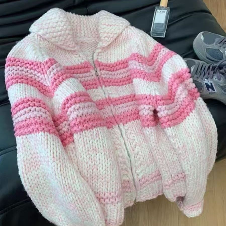 韩系慵懒风绝美蓝色条纹翻领粗针织毛衣外套秋冬女新款时尚上衣潮