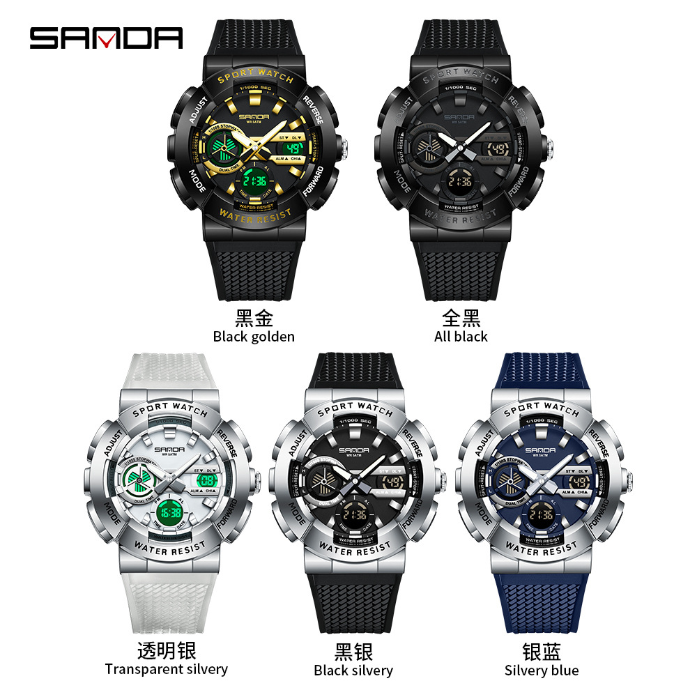 SANDA reloj impermeable de luz nocturna reloj deportivo para hombres estudiantes multifuncional reloj de pulsera electrónico 3365
