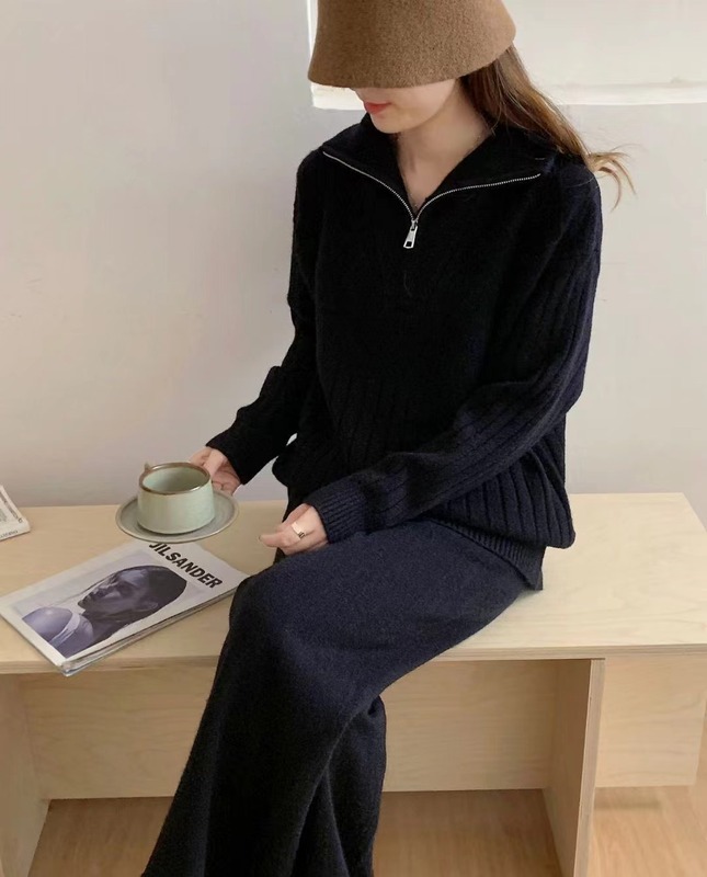 ファッション高級感セーターセット女性秋冬怠惰風ジッパー立襟ニット高腰ワイドパンツ2点セット|undefined
