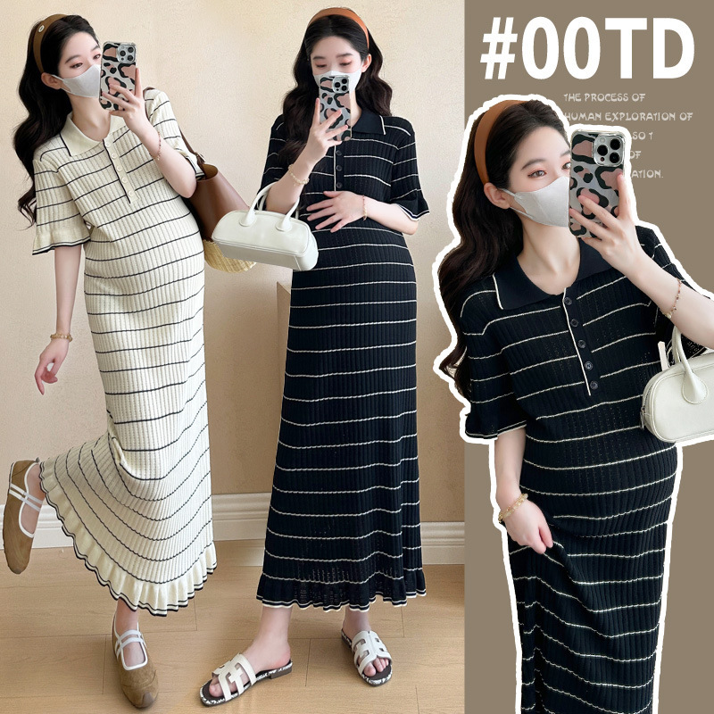 Internet Celebrity Pregnant Women 2025 Summer Dress Plus Size Hollow Knitted Maternity Dress Korean Style Striped Slimming Pregnant Women Internet Celebrity Pregnant Women 2025 Summer Dress Plus Size Hollow Knitted Maternity Dress Korean Style Striped Slimming Pregnant Women