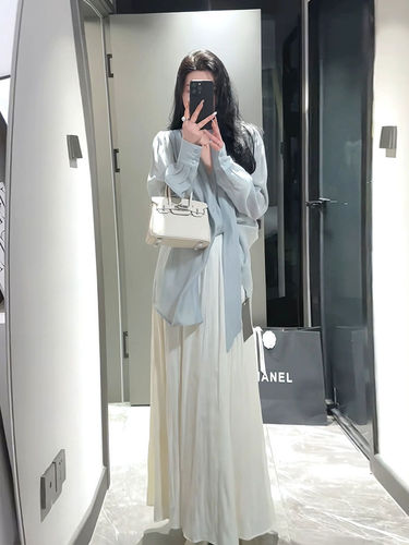 Loose and Lazy Style V-neck Bow Tie Button Loose Multi-purpose Long-sleeved Shirt Small Group Design Sense Shirt Half Skirt ins 