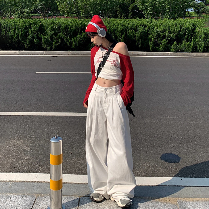 レトロカラー ハイウエスト ルーズ ワイドレッグパンツ ドレープ感のある裾 プリーツ入り 多用途 着痩せ効果 ストレートデニムパンツ レディース 初秋 2025|undefined