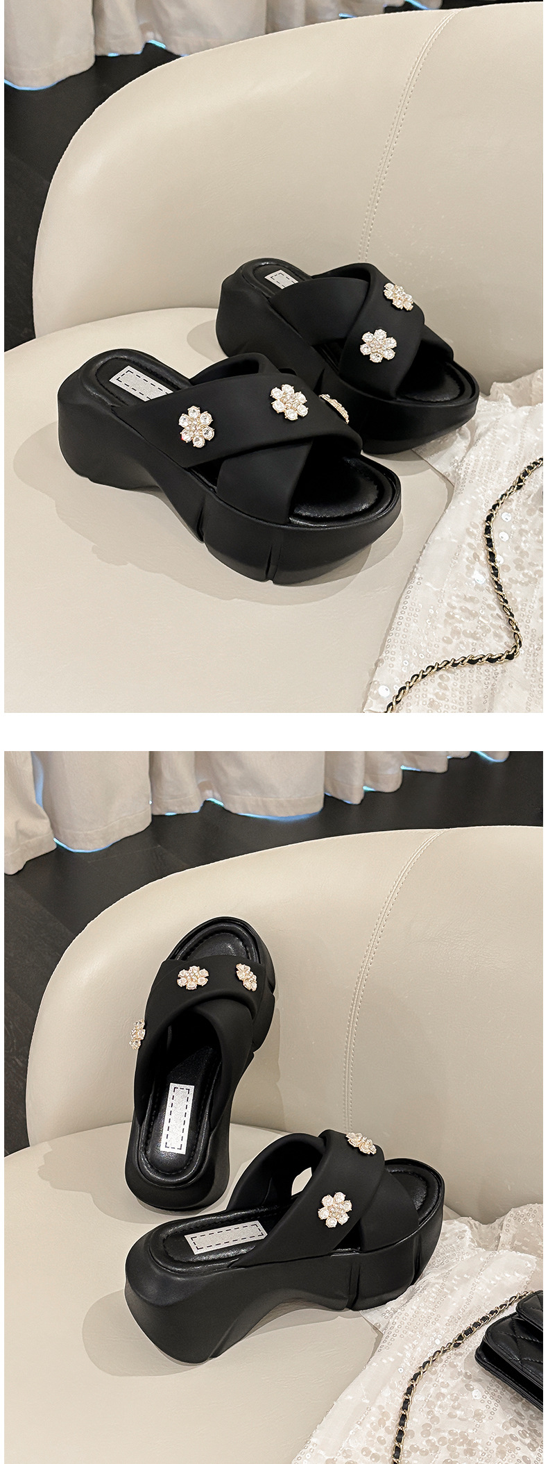 Dép sandal cao gót nữ quai chéo đính đá, đế platform dày, gót 9 cm — Màu đen, Màu trắng be chi tiết 5