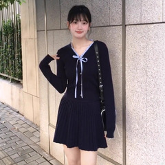 针织连衣裙女秋冬季新款减龄小个子学院风长袖开衫半身裙两件套