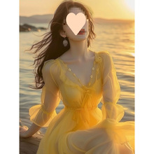 黄色雪纺连衣裙春夏女2025年新款沙滩裙女海边度假超仙法式长裙子