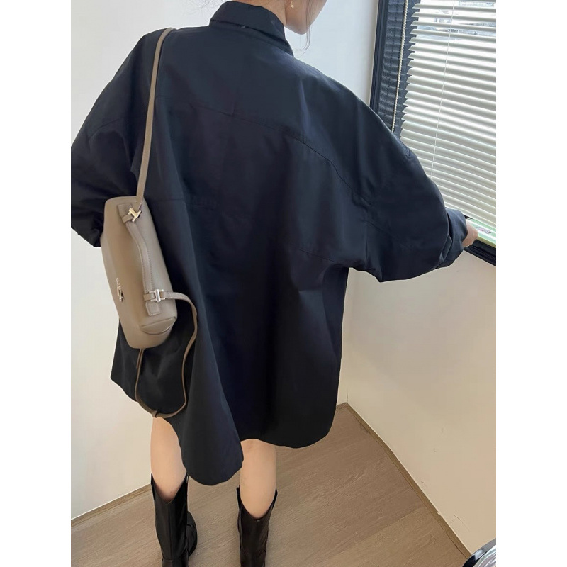 가을 한국식 쉬크한 얇은 레이지 스타일 스탠드 칼라 느슨한 레저 긴 소매 중간 길이 윈드브레이커 재킷 여성용