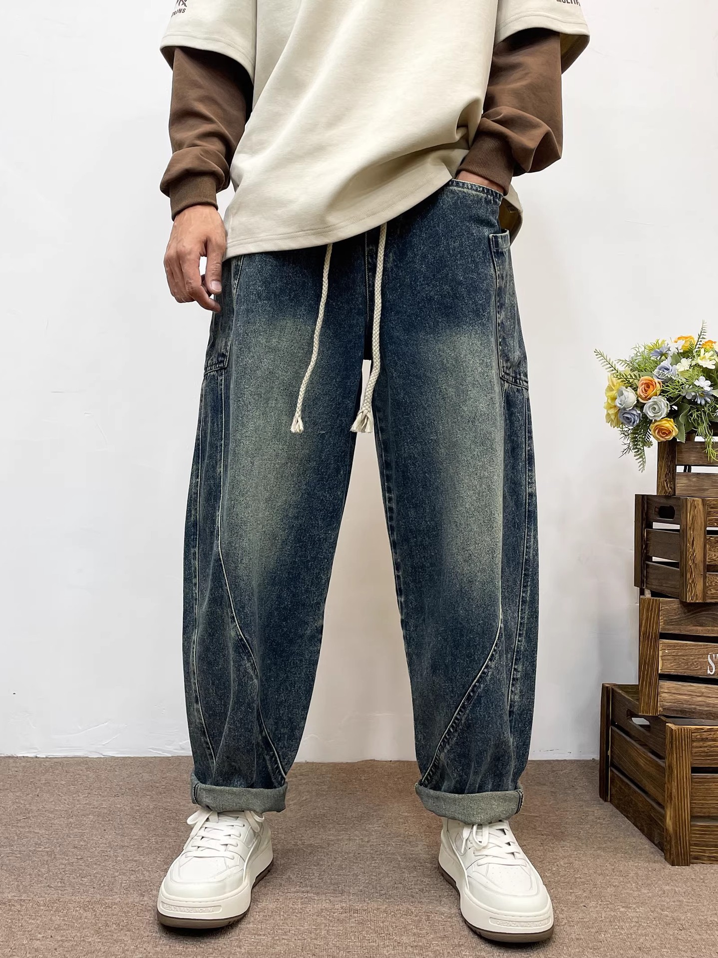 Men's Light Blue Washed Harem Jeans Casual Denim Pants For Men_voghion.com