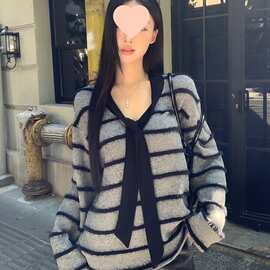韩系复古甜辣风纯欲风条纹长袖毛衣女秋冬新款慵懒风针织衫上衣潮