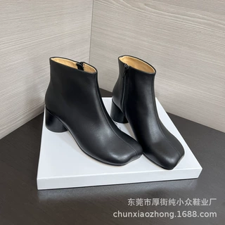 纯源小众秋冬款M6苹果头侧拉链中跟短靴女牛皮马吉拉粗跟百搭踝靴