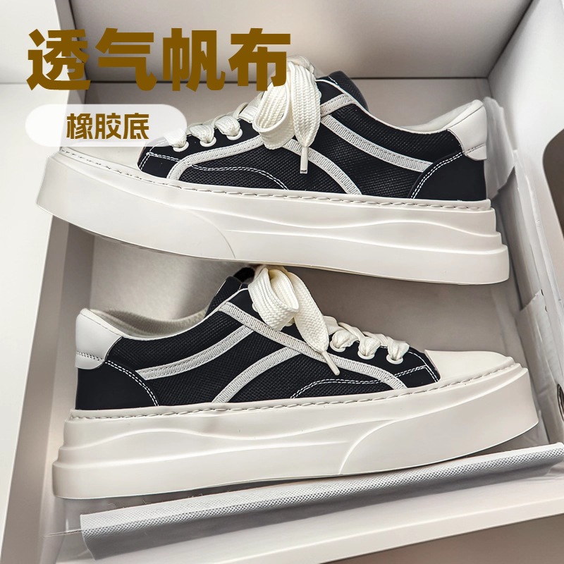 Men's Shoes 2025 Spring New Fashion Hong Kong Style Thick-Soled Canvas Casual Shoes Youth Low-Top Niche Comfortable Sneakers
