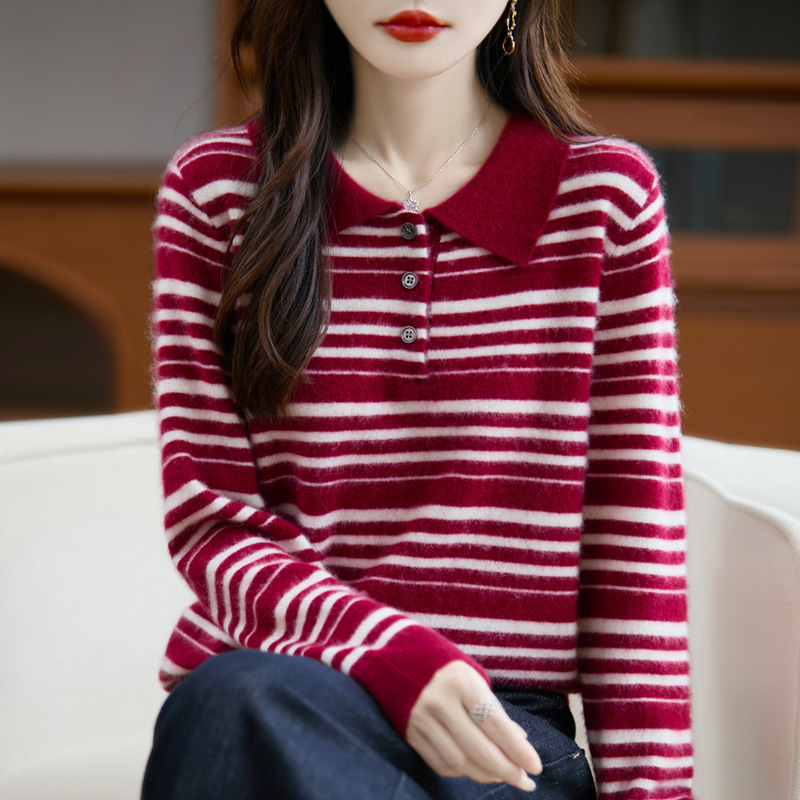 翻领拼色条纹100纯羊毛针织衫女秋冬内搭毛衣长袖女装打底衫上衣|undefined