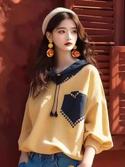 2025春秋新款洋气独特别致美式慵懒风宽松简约风黄色拼接连帽卫衣