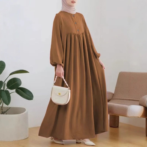 Malay Muslim women's clothing solid color robe loose dress fashionable casual lantern sleeve long dress elegant