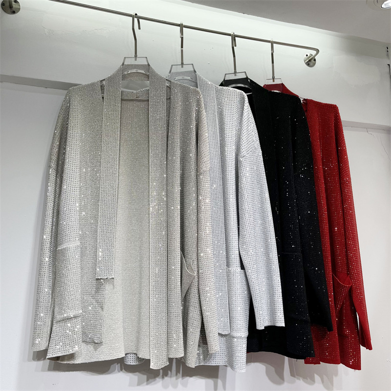 European and American style, heavy-duty, large-pocket, full-body rhinestone design, fashionable, loose-fitting, slimming, mid-length knitted cardigan European and American style, heavy-duty, large-pocket, full-body rhinestone design, fashionable, loose-fitting, slimming, mid-length knitted cardigan
