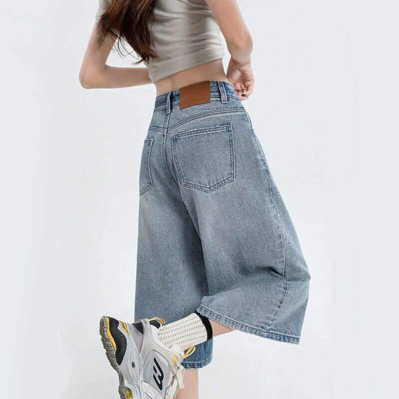Light-Colored Denim Shorts for Women, Summer Trendy Versatile Thin Style, Petite American-Style Loose Wide-Leg 7/8 Pants