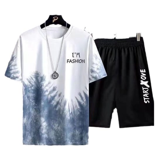 New Quick-drying Ice Silk Gradient suit Men's Short-sleeved T-shirt Summer Casual Shorts Sports Two-piece Handsome Men's Wear