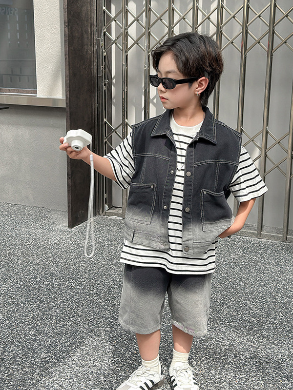 7380 traje de camisa de manga corta de tres piezas de mezclilla de verano para niños 2025 nuevo vestido de verano para bebés ropa de estilo occidental image 5