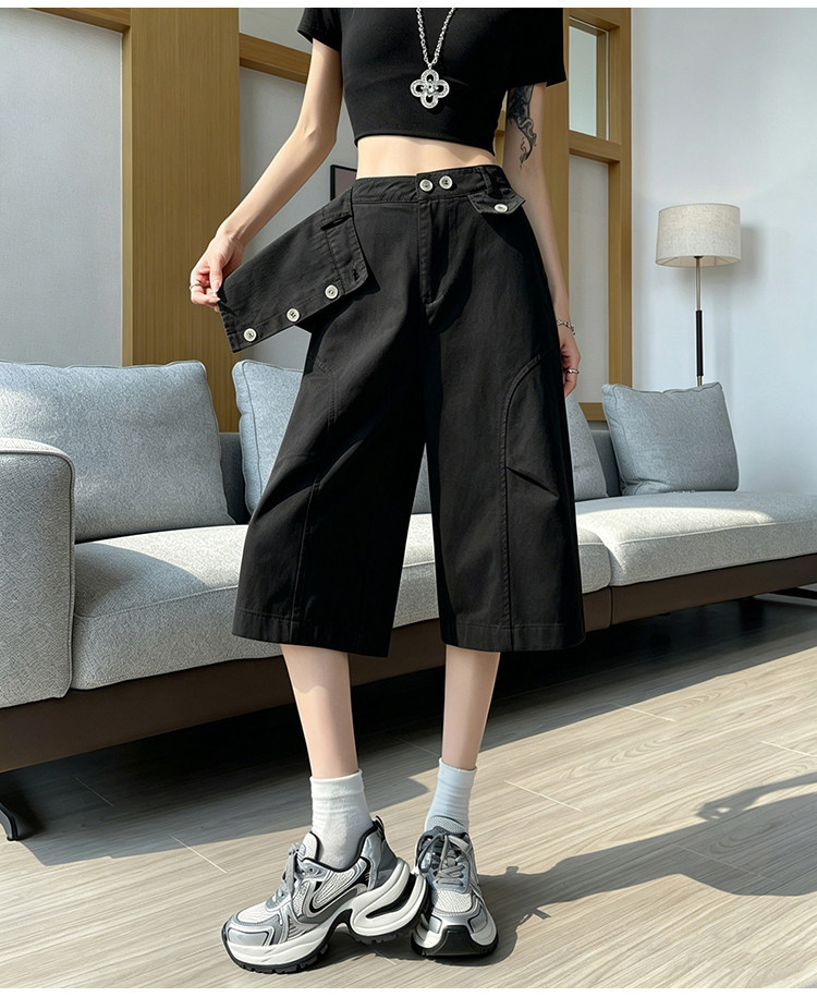 Quần culottes nữ ống rộng cạp cao dáng suông vải cotton — màu trắng chi tiết 31