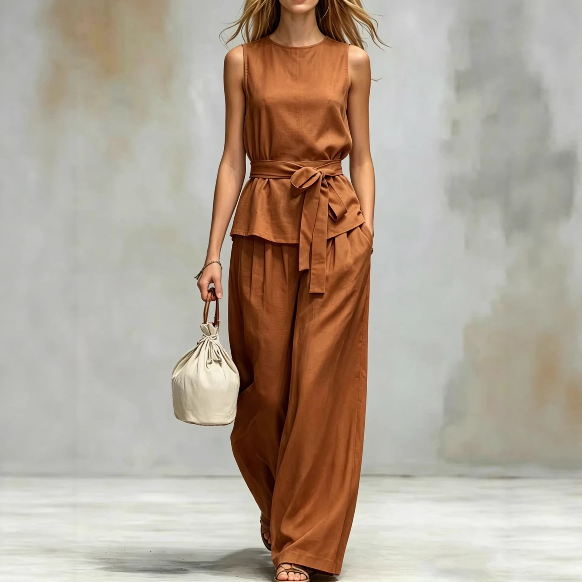 Women's Clothing Women's Spring Summer Two Piece Set Sleeveless Top And Belted Pants Casual Solid Color Style_ecoleips.com