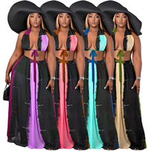 DY6960欧美女装独立站亚马逊wish大码肥婆网纱性感印花露背两件套