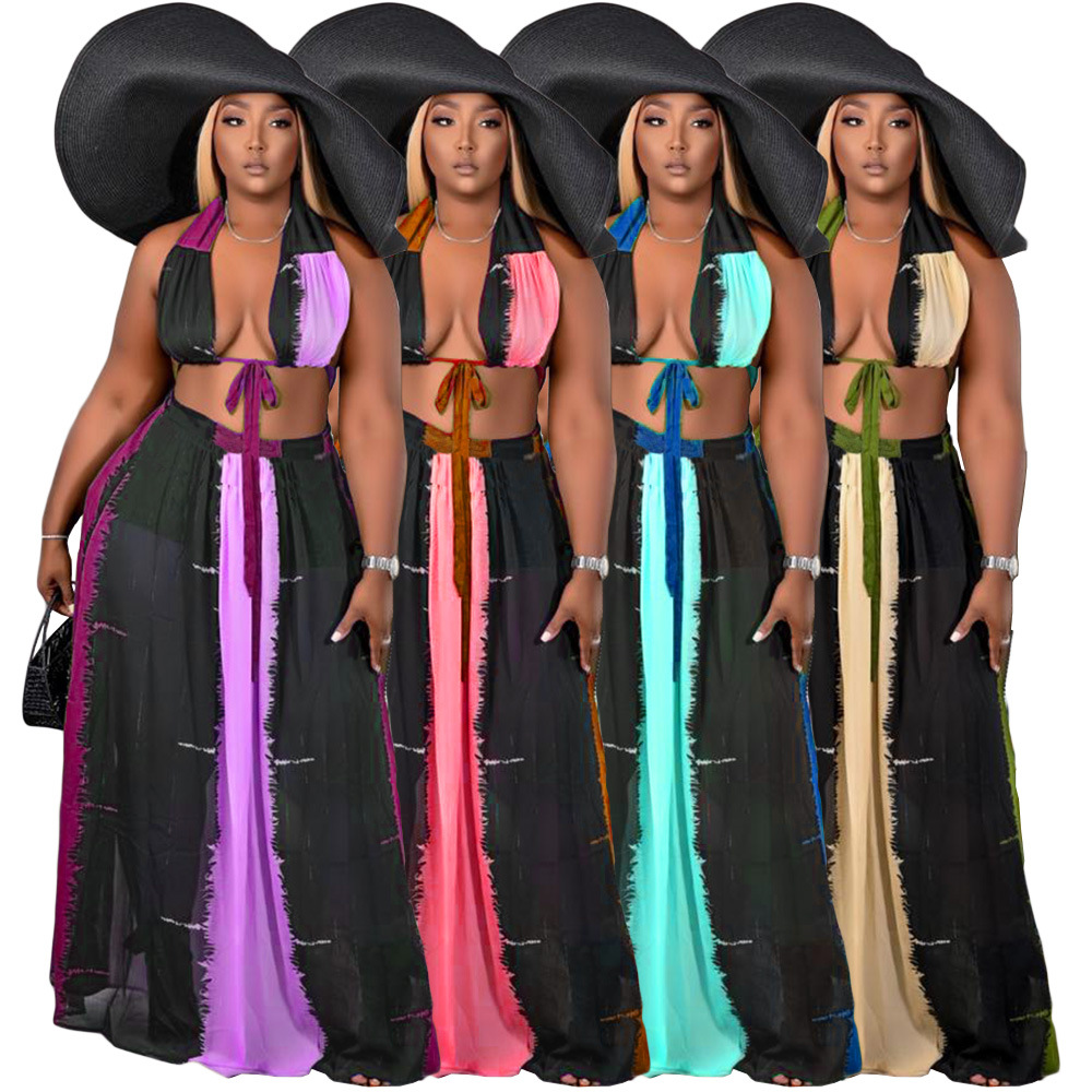 DY6960欧美女装独立站亚马逊wish大码肥婆网纱性感印花露背两件套