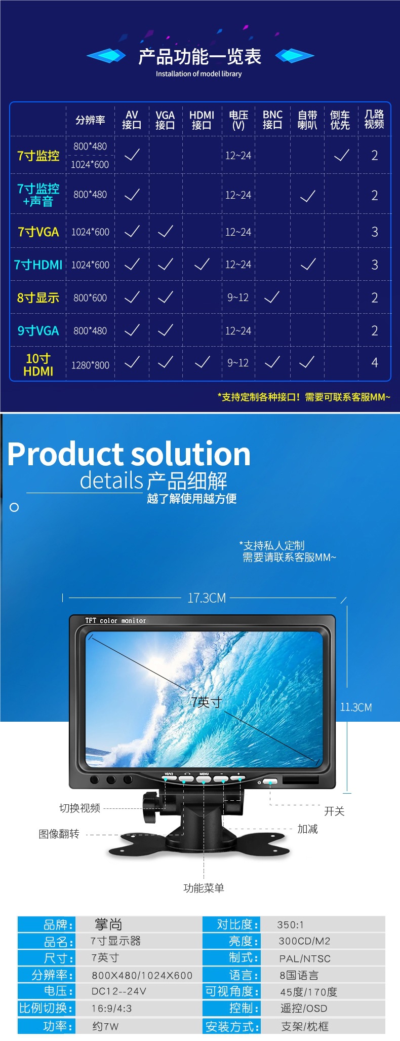 7inch Small Display Screens for Vehicles, 10inch Monitors, Televisions, High-Definition Hdmi, Computer Vga, Monitoring Screens, Others