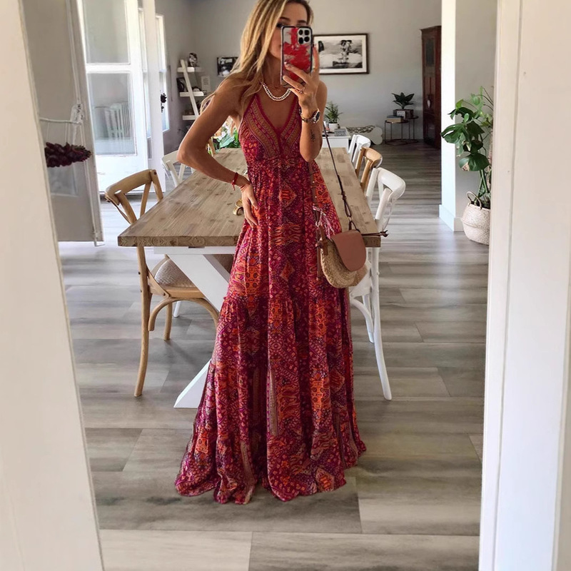 2025 European and American New Bohemian Style New Sling Long Dress High Waist V-Neck Printed Floral dress Women's Clothing