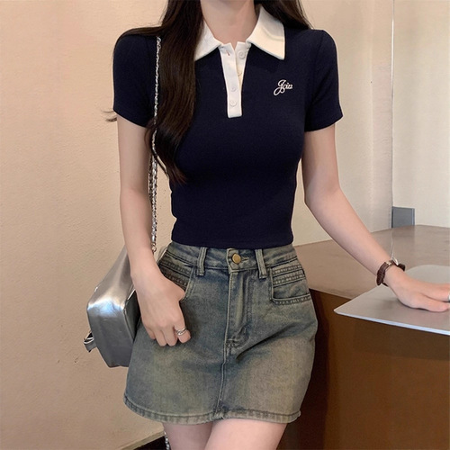 Women's Summer Polo Collar Short Sleeve T-Shirt with Unique Design, Fitted Waist Sweet and Spicy Style Top, Ins Inspired Splicing Style