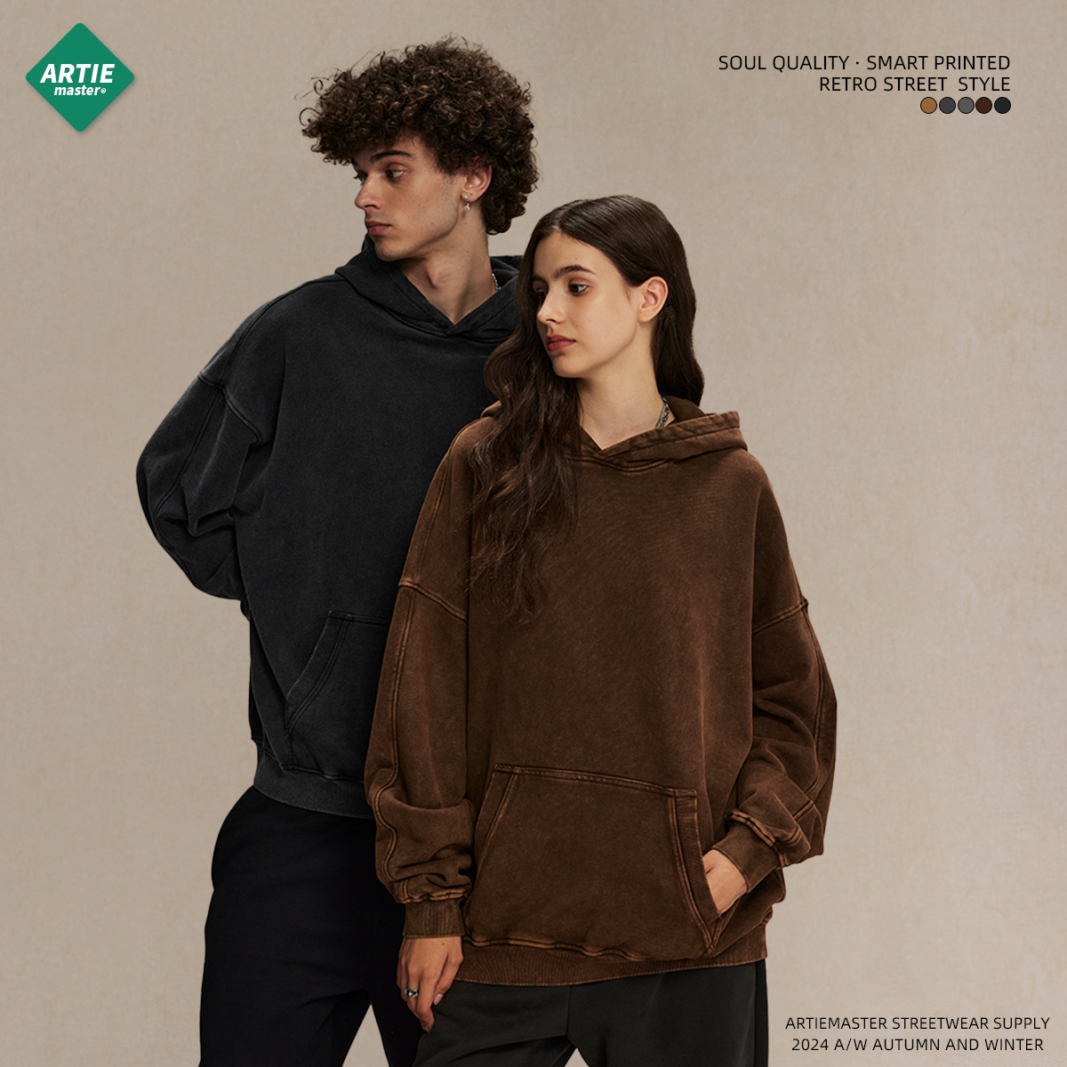 ARTIE ropa de Hombre | Heavy 420g vintage apenado suéter con capucha suelto encerado lavado hombres moda marca TOP