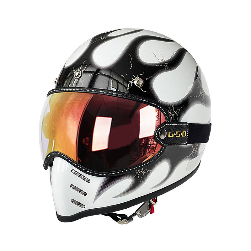 Fiberglass Retro Motorcycle, Motuoche Motosiklet kaskı (dəbilqə) - white-with-silver-flames-colored-visor-m55-56