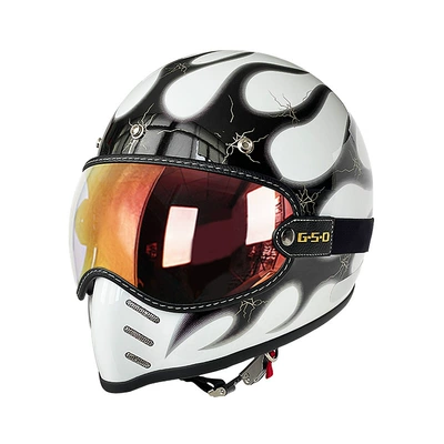 Fiberglass Retro Motorcycle Helmet Full-Face Electric, Motosiklet kaskı (dəbilqə) - silver-flame-on-white-background-color-mirror-m55-56