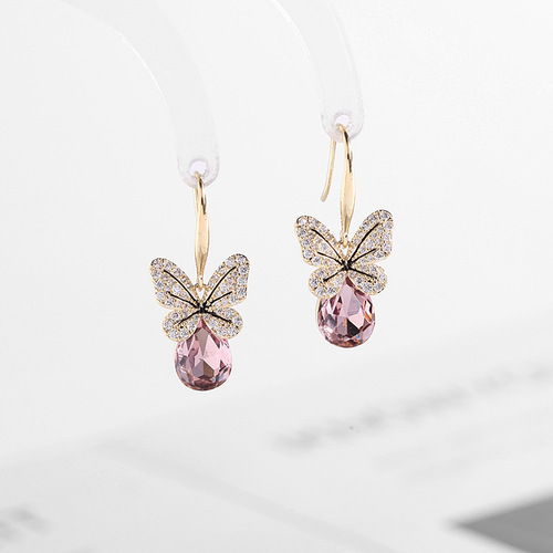  Spring and Summer New Korean Style Earrings Simple Micro-Inlaid Zircon Ear Hooks Blue Crystal Butterfly Earrings