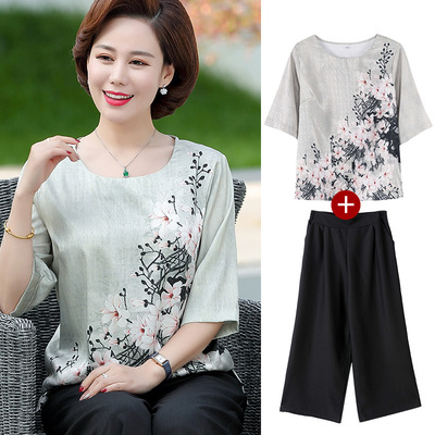 妈妈装春夏套装中老年女装仿真丝两件套大码短袖t恤老年人上衣服