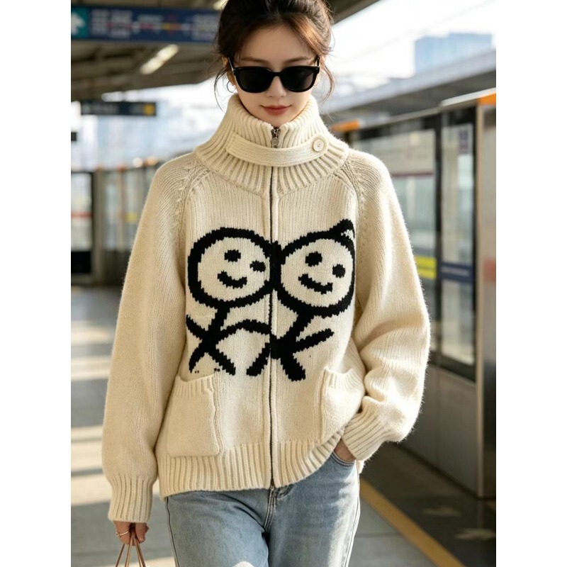 American retro-style stick-figure cartoon knit cardigan, women's high-neck sweater with zipper design, thickened outerwear
