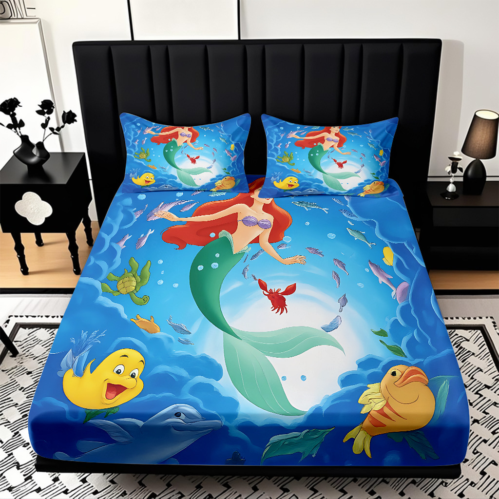 JIT modo Temu 3D impresión de caricatura sirena cama textil casera camisa ropa de cama tres piezas set transfronterizo mayorista